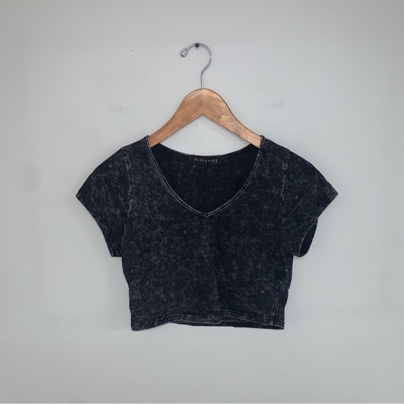 Milkyway Short Sleeve Crop Top Women's Size Medium Black Grey Acid Wash Shirt - Picture 2 of 4